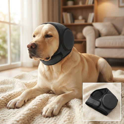 Calming Dog Ear Muffs on a Labrador
